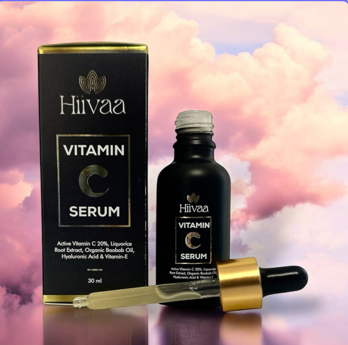 Vitamin C 20% serum with added Liquorice root extract, organic baobab oil, Vitamin E and Hyaluronic acid