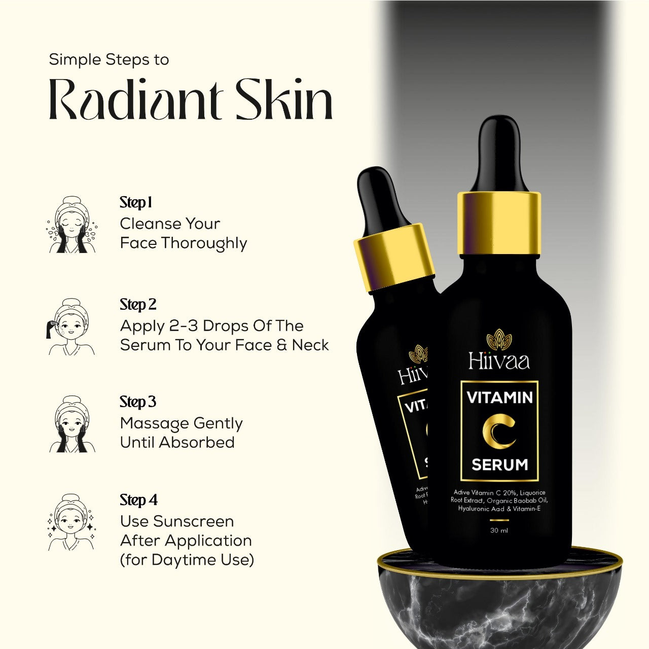 Vitamin C 20% serum with added Liquorice root extract, organic baobab oil, Vitamin E and Hyaluronic acid