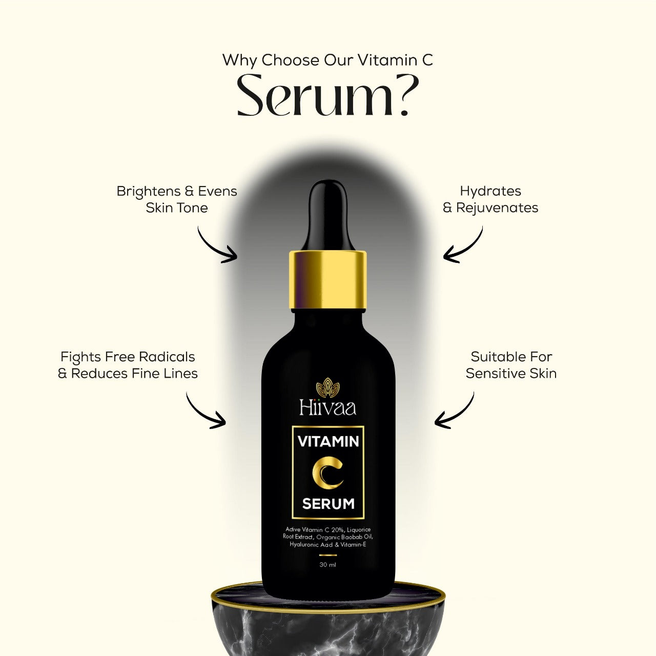 Vitamin C 20% serum with added Liquorice root extract, organic baobab oil, Vitamin E and Hyaluronic acid